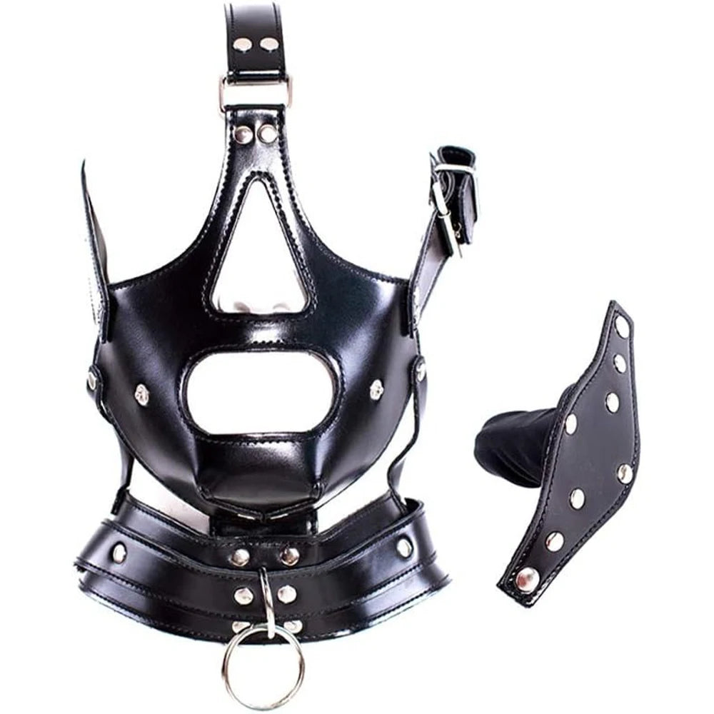 Leather Bondage Pussy with Detachable Silicone Dildo Mouth Gag Adjustable Head Harness BDSM Fetish Dog Slave Female Restraints