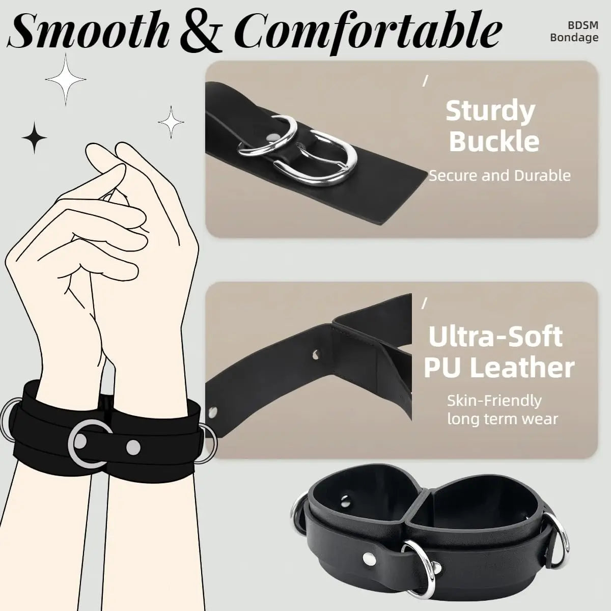BDSM Bondage Handcuffs Sex Restraints Wrist Cuffs Sex Toys PU Leather Adjustable Adult Fetish SM Games for Couples Women Men