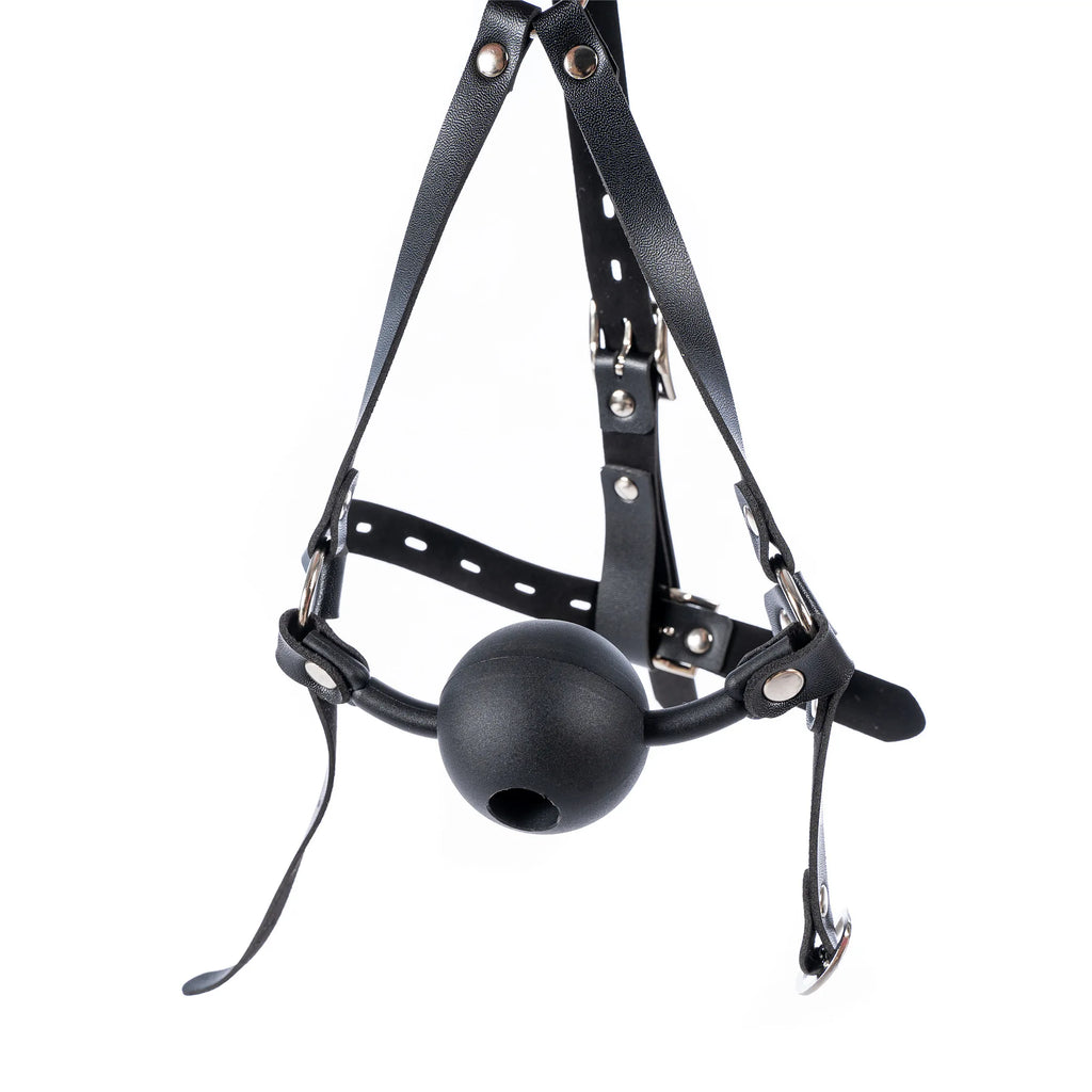 Leather Wetlook BDSM Mask Hood Gimp Open Mouth,Silicone Ball Gag with Hole,Bondage Gear Head Harness,Erotic Sex Toys For Couples
