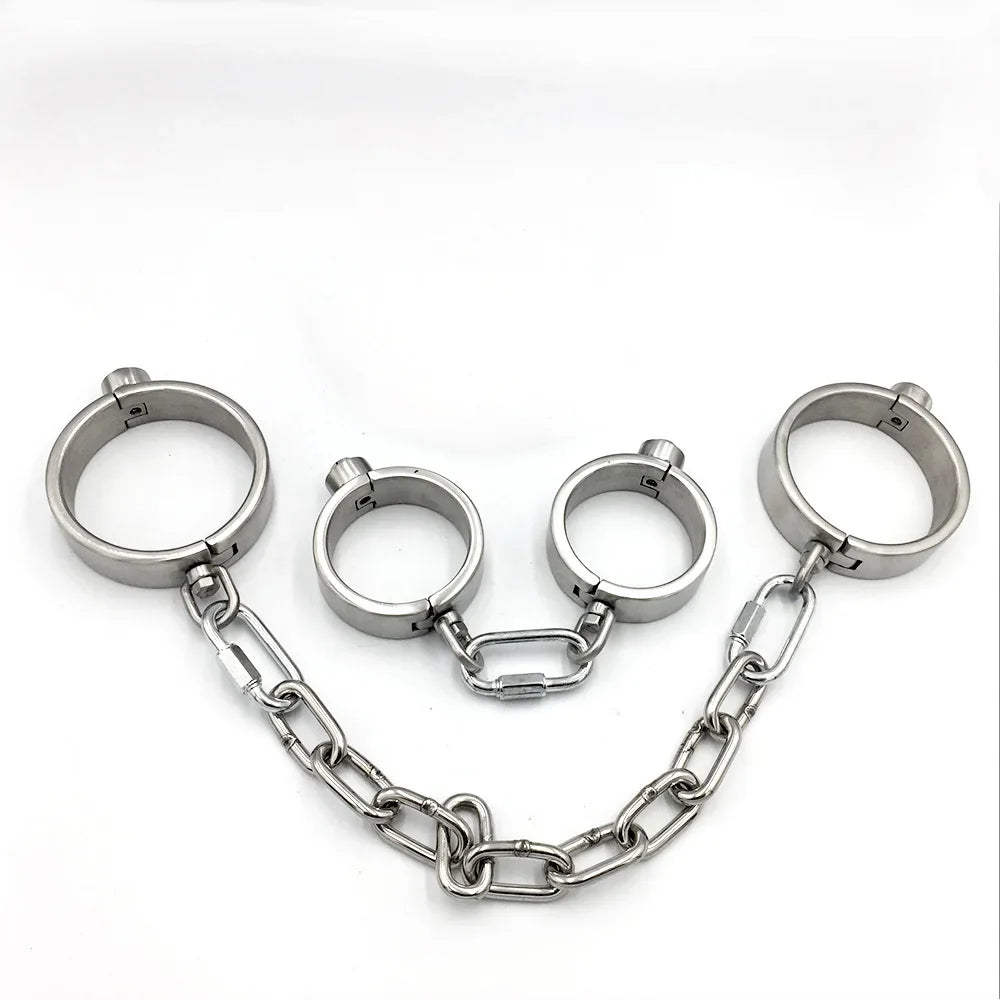 Stainless Steel Bondage Handcuffs Shackles Neck Collar Restraint Wrist Lock BDSM with Chain Set Adult Game Sex Toys for Couple