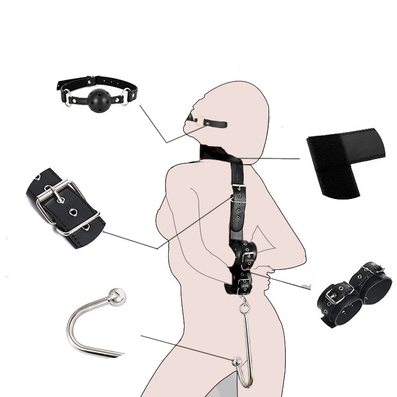 BDSM Metal Anal Hook Mouth Gag PU Leather Collar Neck to Wrist Restraints Kits Bondage Sex Toy Women Adjustable Back Handcuffs