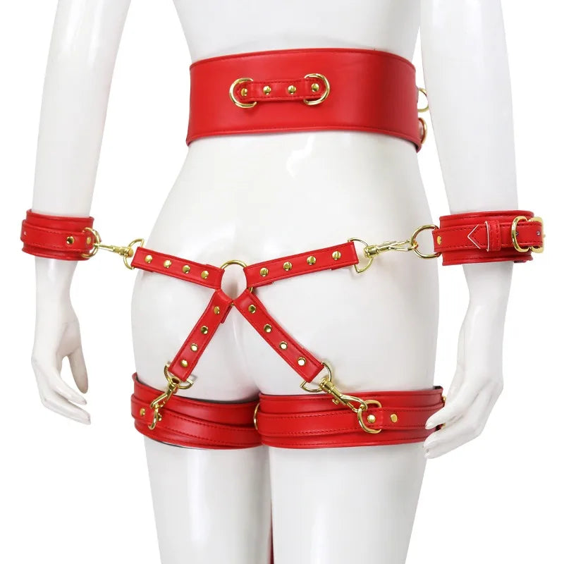 BDSM Bondage Set with Belt Wrist and Thigh Cuffs Cross Buckles Adult Play Bondage Handcuffs and Footcuffs Adjustable SM Games