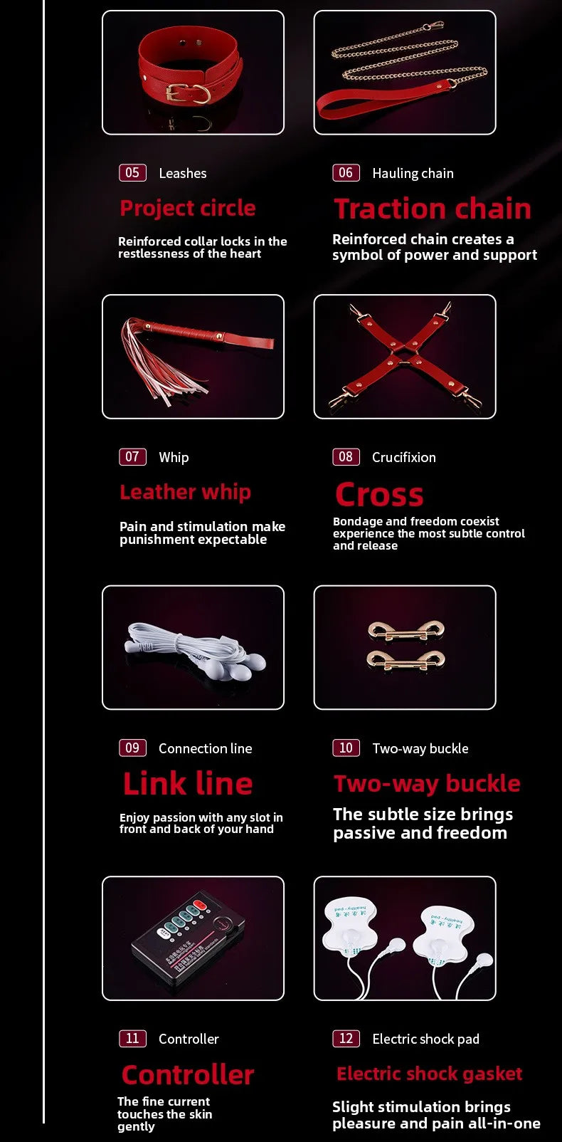 BDSM Bondage Restraints Electric Shock Set Mouth Gag Handcuffs Ankle Cuffs Collar Eyepatch Whip Bondage Ties Kits SexToy