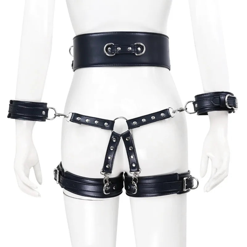 BDSM Bondage Set with Belt Wrist and Thigh Cuffs Cross Buckles Adult Play Bondage Handcuffs and Footcuffs Adjustable SM Games