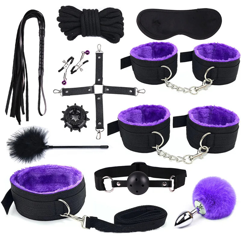 BDSM Kits Adults Sex Toys For Women Men Handcuffs Nipple Clamps Whip Spanking Sex Metal Anal Butt Bdsm Bondage Set