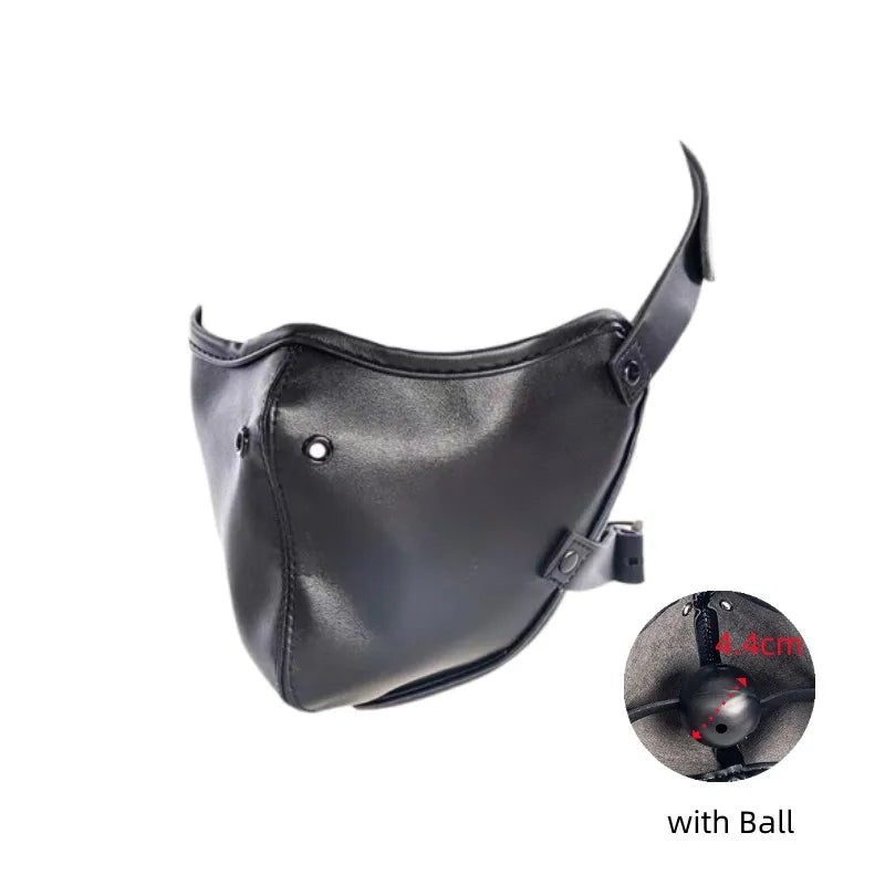 BDSM Bondage Harness Leather Hood Mask with Hard Ball Mouth Plug Ball Gag for Fetish Restraint Game Adult Pleasure Sex Toys
