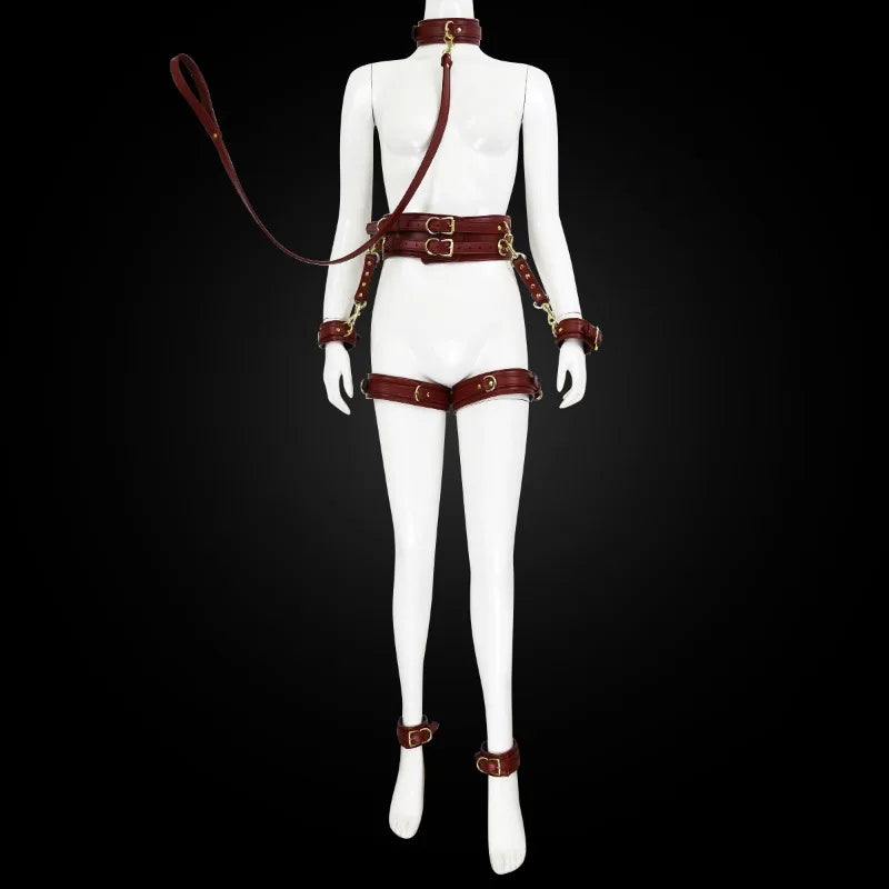 BDSM Bondage Set with Belt Wrist and Thigh Cuffs Cross Buckles Adult Play Bondage Handcuffs and Footcuffs Adjustable SM Games