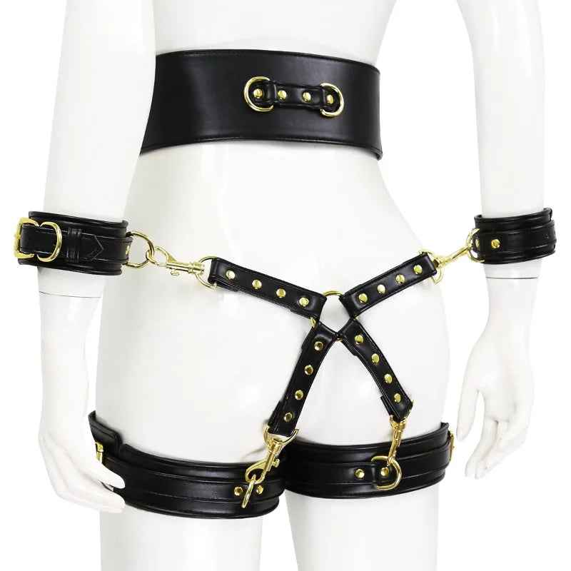 BDSM Bondage Set with Belt Wrist and Thigh Cuffs Cross Buckles Adult Play Bondage Handcuffs and Footcuffs Adjustable SM Games
