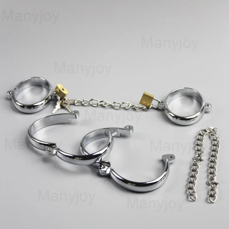Metal Steel Handcuffs Wrist Ankle Cuffs with Chain and Lock Spreader Bar BDSM Restraints Adult Game Sex Toys for Women Men