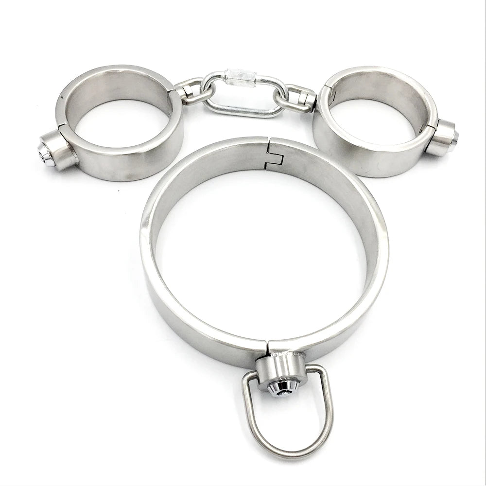 Stainless Steel Bondage Handcuffs Shackles Neck Collar Restraint Wrist Lock BDSM with Chain Set Adult Game Sex Toys for Couple