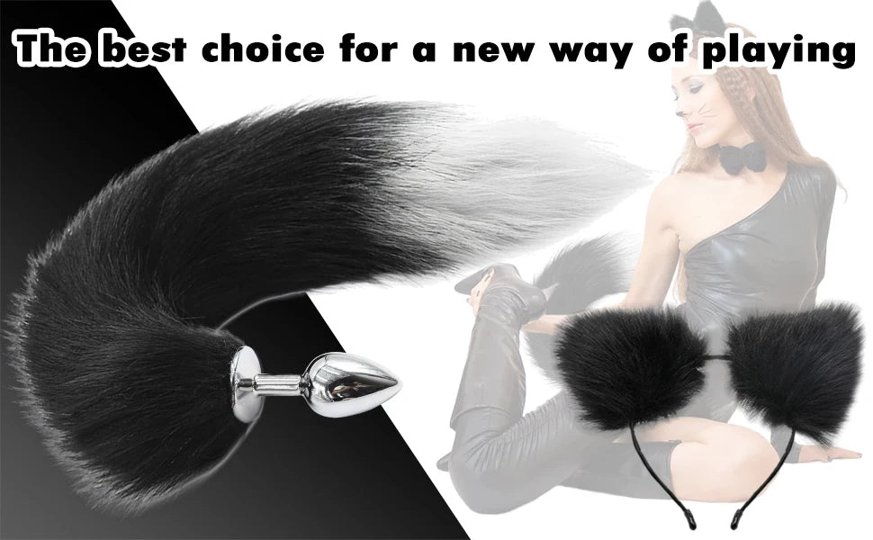 Sex Anal Butt Plug with Faux Fox Tail and Ear-Anal Stopper Tail Adult Sex toys for couples SM Games Cosplay Stainless Steel