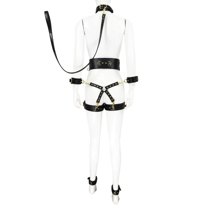 BDSM Bondage Set with Belt Wrist and Thigh Cuffs Cross Buckles Adult Play Bondage Handcuffs and Footcuffs Adjustable SM Games