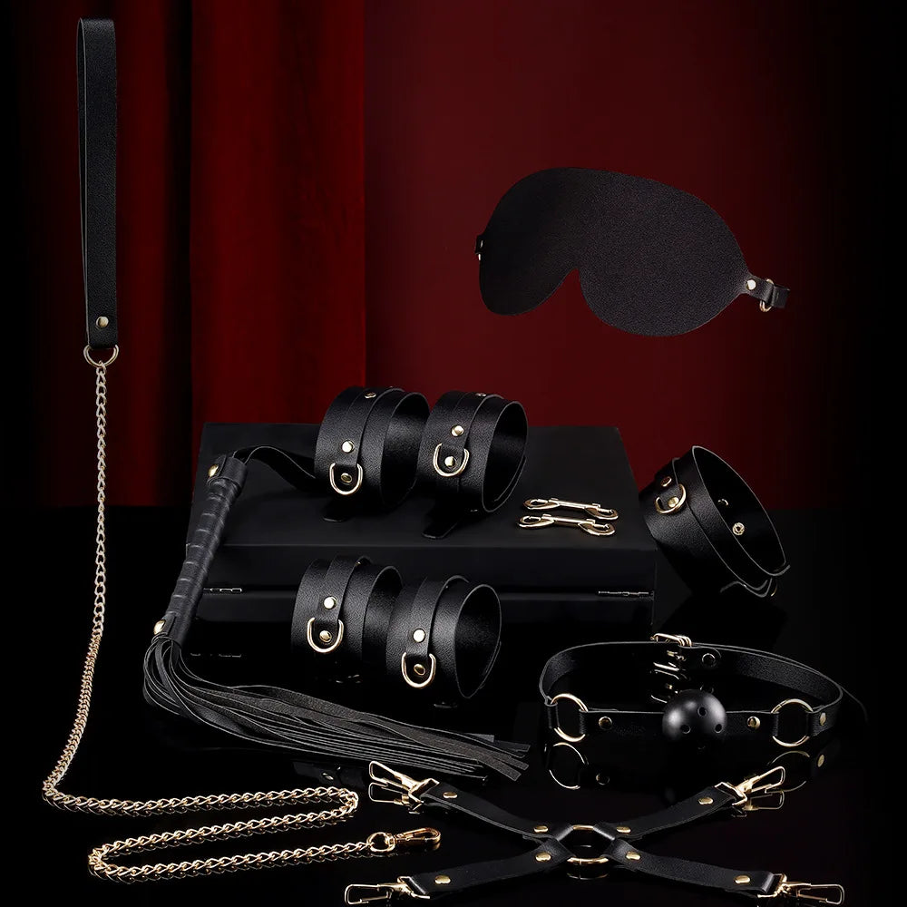 BDSM Bondage Restraints Electric Shock Set Mouth Gag Handcuffs Ankle Cuffs Collar Eyepatch Whip Bondage Ties Kits SexToy