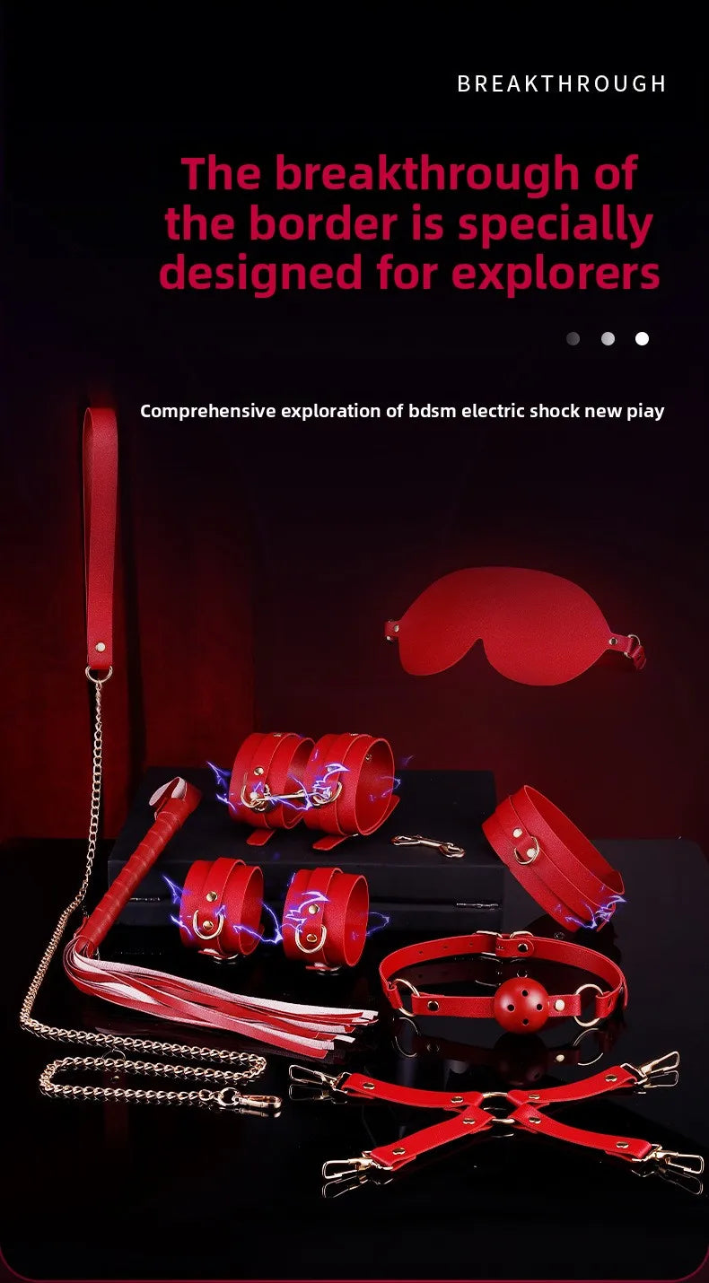 BDSM Bondage Restraints Electric Shock Set Mouth Gag Handcuffs Ankle Cuffs Collar Eyepatch Whip Bondage Ties Kits SexToy