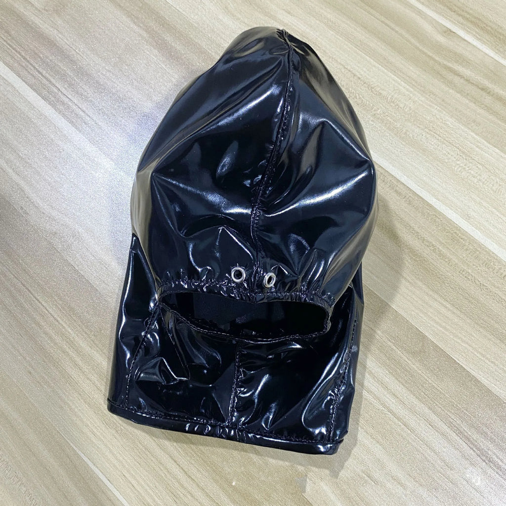 Leather Wetlook BDSM Mask Hood Gimp Open Mouth,Silicone Ball Gag with Hole,Bondage Gear Head Harness,Erotic Sex Toys For Couples