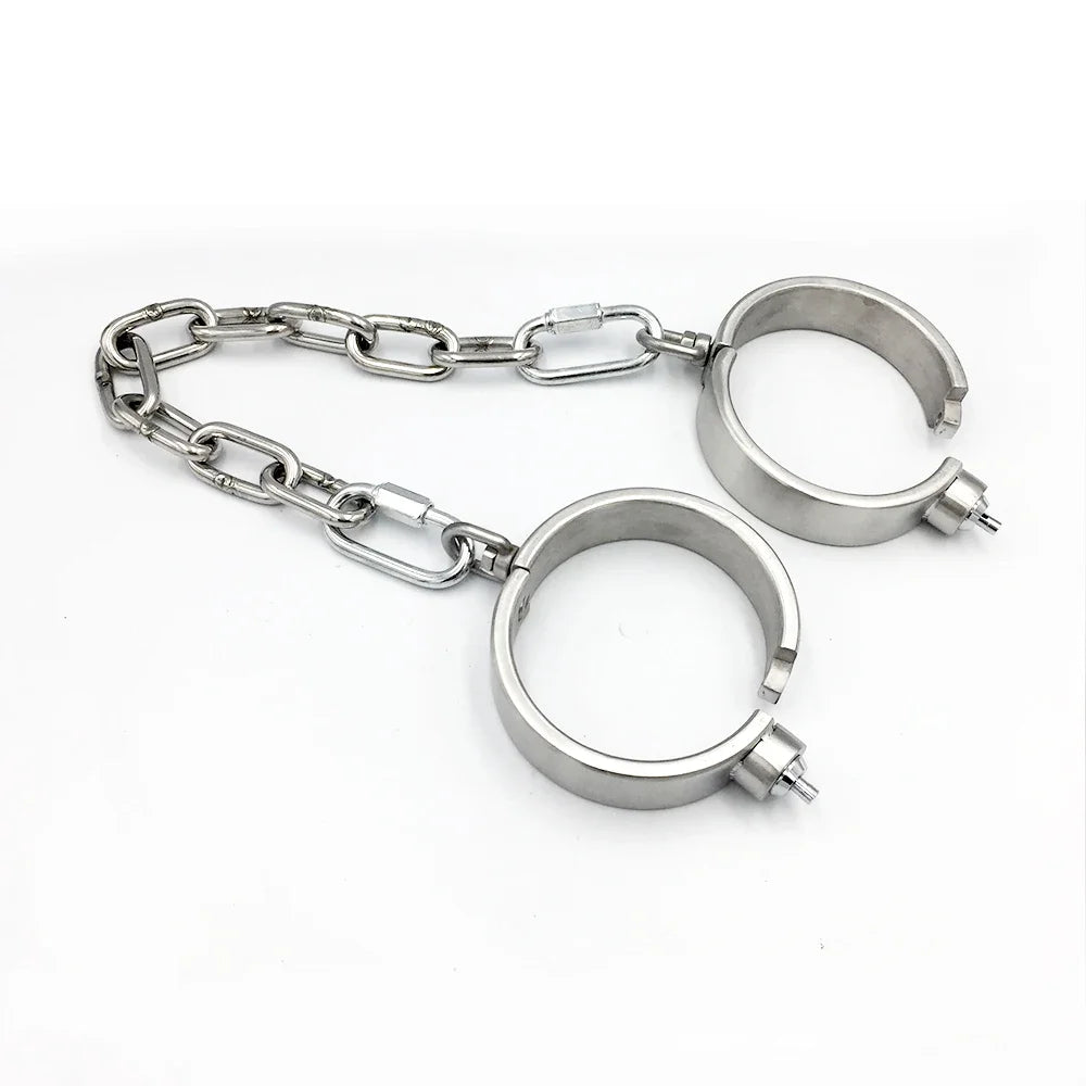 Stainless Steel Bondage Handcuffs Shackles Neck Collar Restraint Wrist Lock BDSM with Chain Set Adult Game Sex Toys for Couple