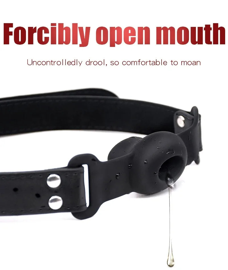 Silicone Ball Gag BDSM Adult Toy, Hollow Design Drooling Gag with Leather Straps, Ring Gag BDSM Bondage Gear for Men Women