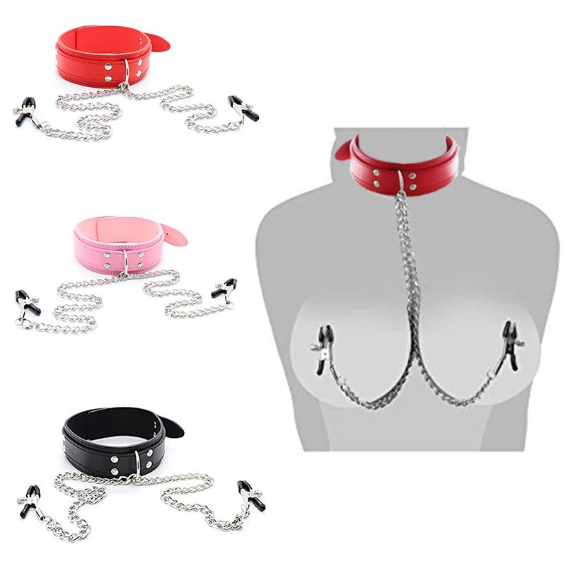 BDSM Fetish Collar Nipple Clamps Leather Necklace Chain Slave Erotic Adult Sex Toys For Women Couples Men Fliting Games Sex Shop