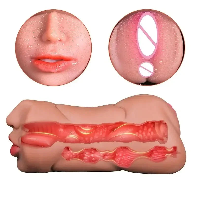 3-in-1 Male Masturbator - Deep Throat + Artificial Real Pussy + Realistic Rubber Vagina, Oral Blowjob Toy
