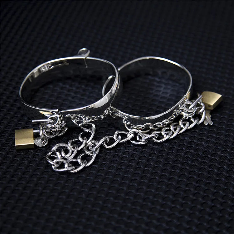 Metal Steel Handcuffs Wrist Ankle Cuffs with Chain and Lock Spreader Bar BDSM Restraints Adult Game Sex Toys for Women Men