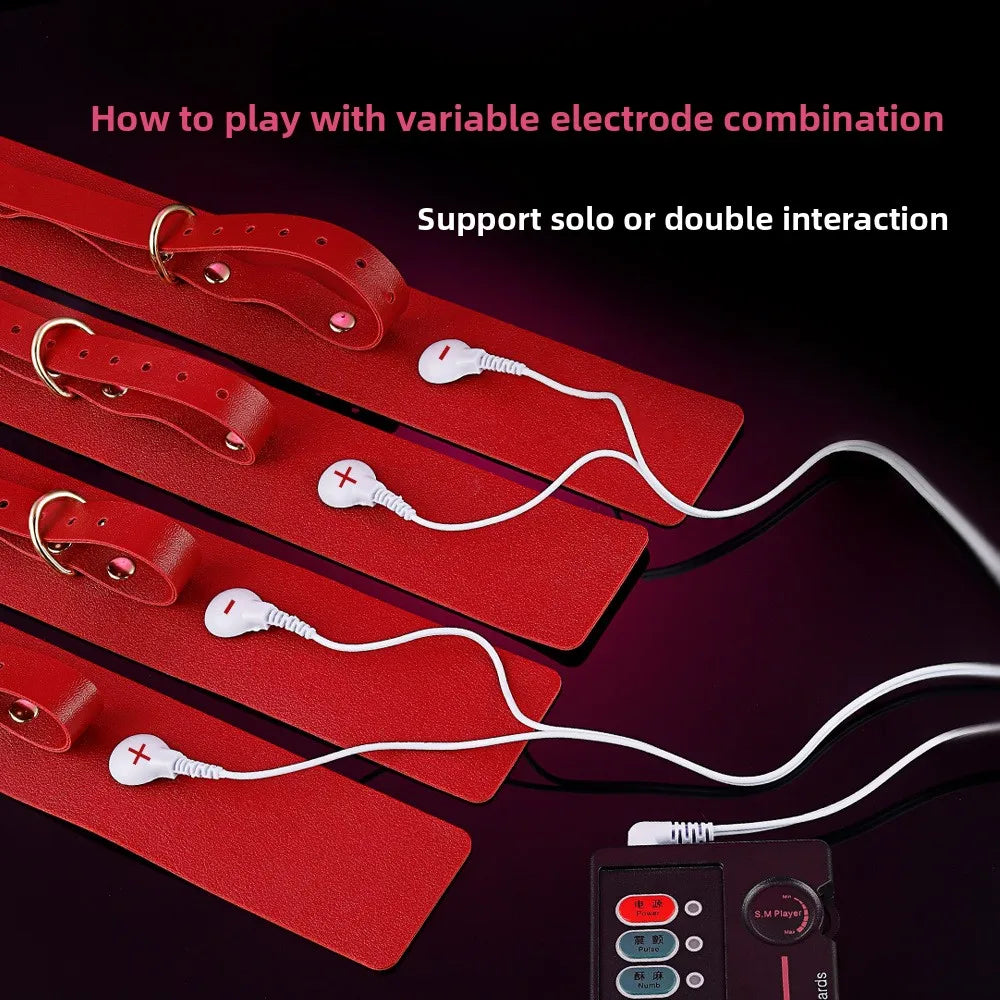 BDSM Bondage Restraints Electric Shock Set Mouth Gag Handcuffs Ankle Cuffs Collar Eyepatch Whip Bondage Ties Kits SexToy