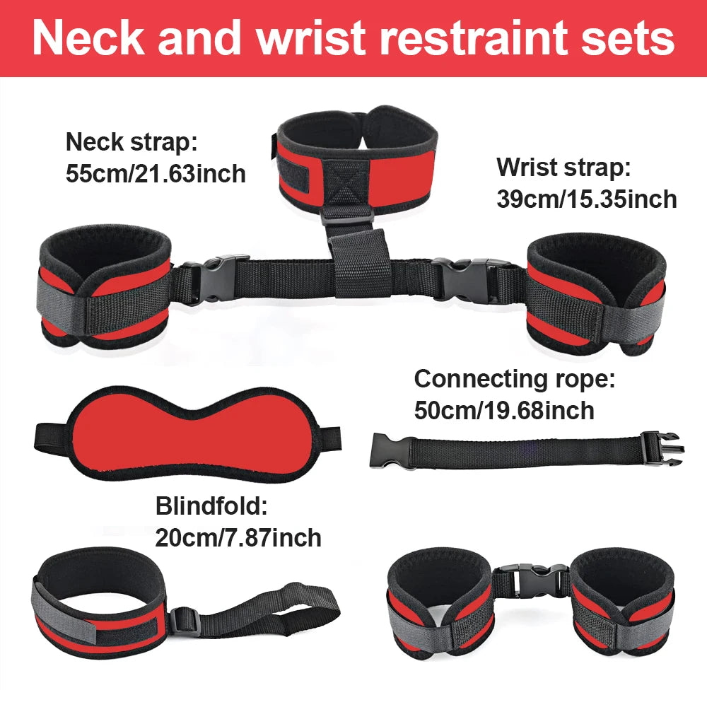 BDSM Neck To Wrist Bondage Restraints Set Bondaged Kit Sex Set Behind Back Handcuffs Collar Blindfold Adjustable Gear Accessorie