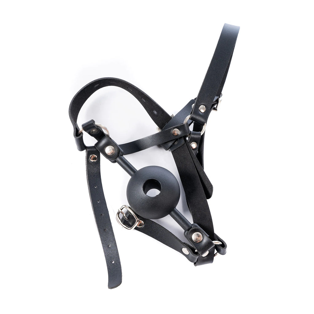 Leather Wetlook BDSM Mask Hood Gimp Open Mouth,Silicone Ball Gag with Hole,Bondage Gear Head Harness,Erotic Sex Toys For Couples