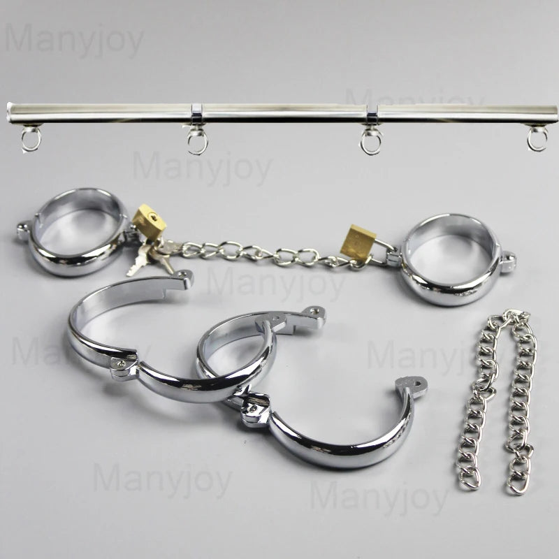 Metal Steel Handcuffs Wrist Ankle Cuffs with Chain and Lock Spreader Bar BDSM Restraints Adult Game Sex Toys for Women Men