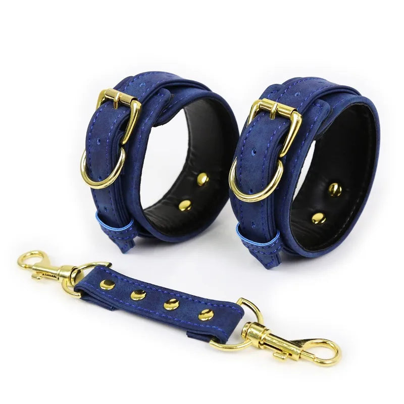 BDSM Bondage Set with Belt Wrist and Thigh Cuffs Cross Buckles Adult Play Bondage Handcuffs and Footcuffs Adjustable SM Games