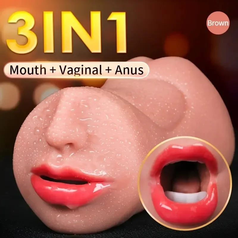 3-in-1 Male Masturbator - Deep Throat + Artificial Real Pussy + Realistic Rubber Vagina, Oral Blowjob Toy
