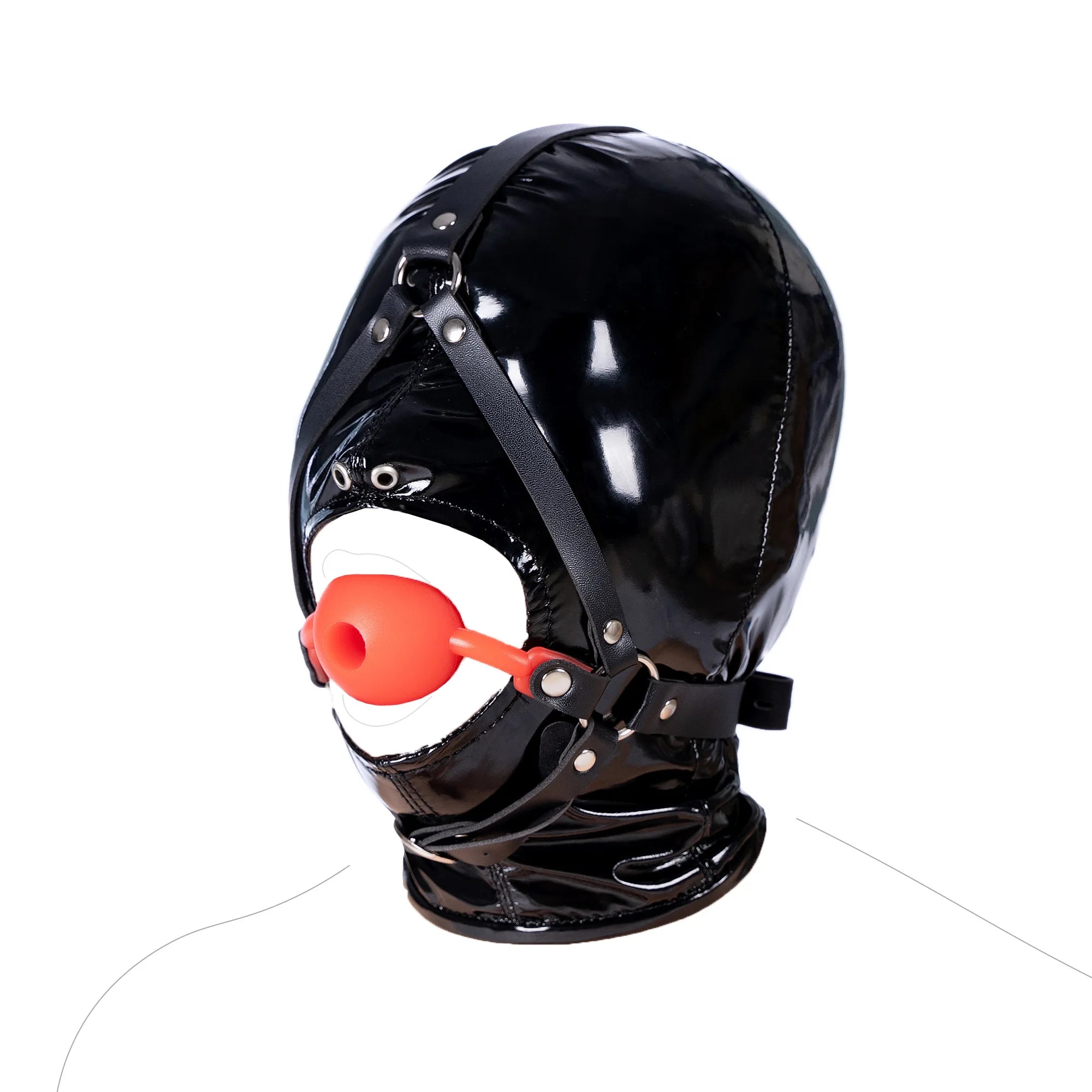Leather Wetlook BDSM Mask Hood Gimp Open Mouth,Silicone Ball Gag with Hole,Bondage Gear Head Harness,Erotic Sex Toys For Couples