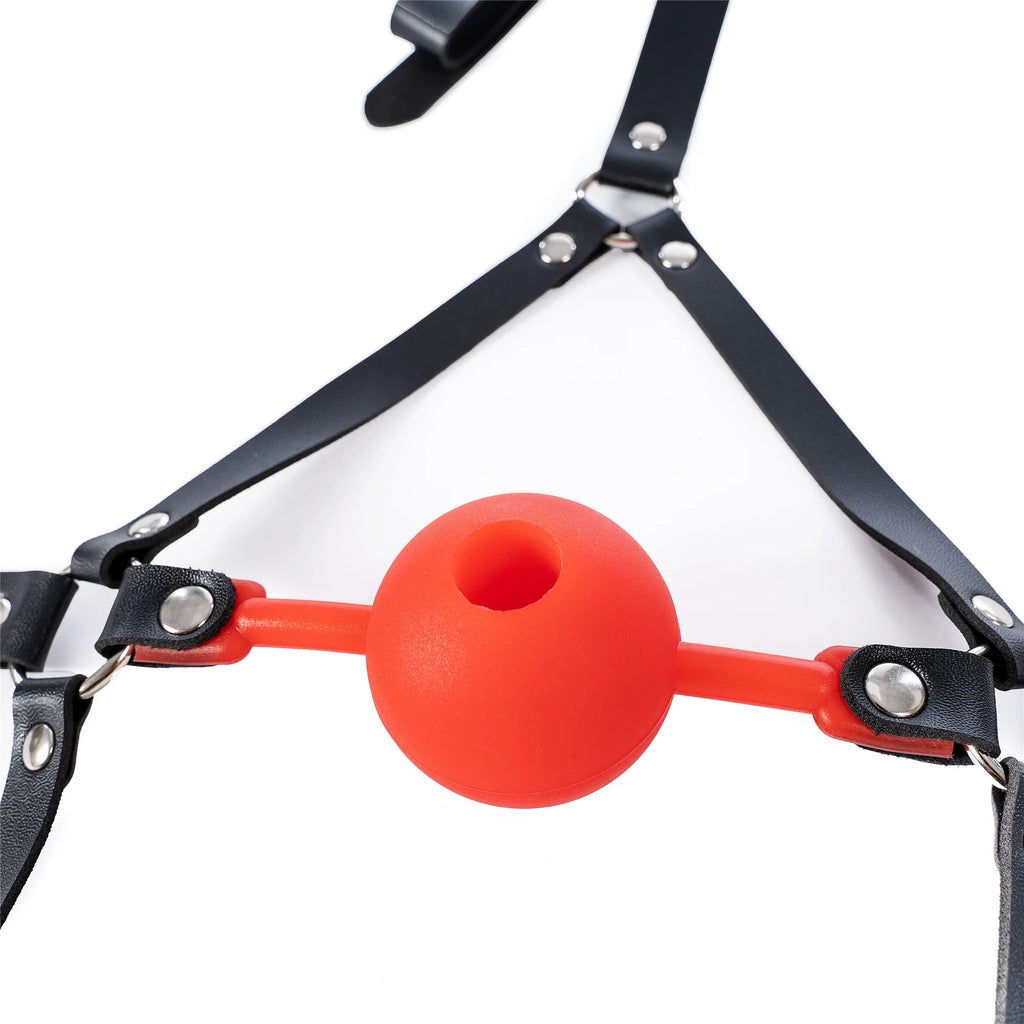 Leather Wetlook BDSM Mask Hood Gimp Open Mouth,Silicone Ball Gag with Hole,Bondage Gear Head Harness,Erotic Sex Toys For Couples