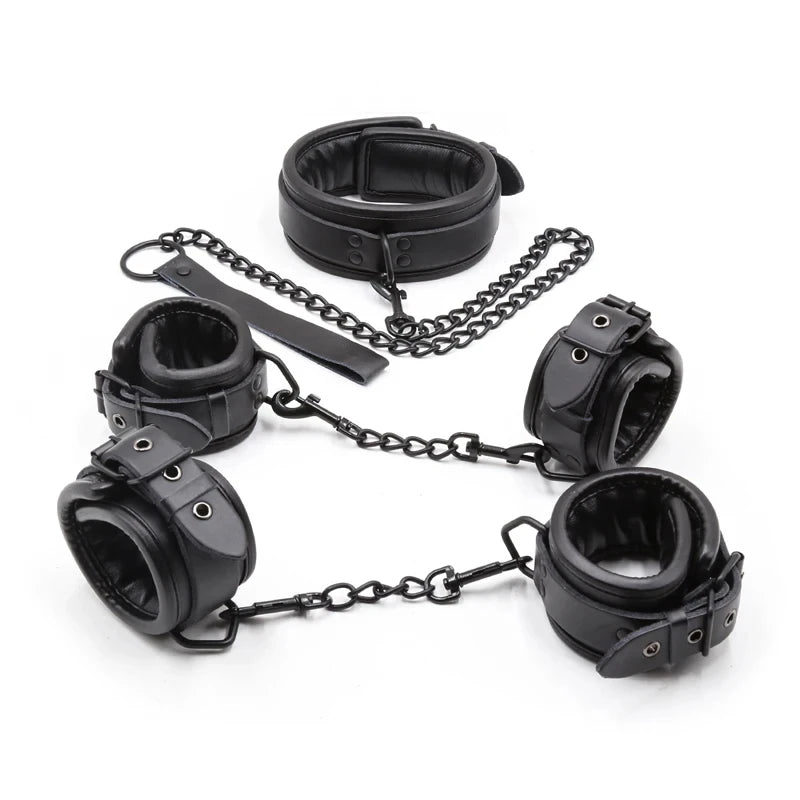 BDSM Bondage Restraint Set Couples Sex Toy 3PCS Neck to Wrist Restraint Kit with Adjustable Handcuff Collar Traction Chain