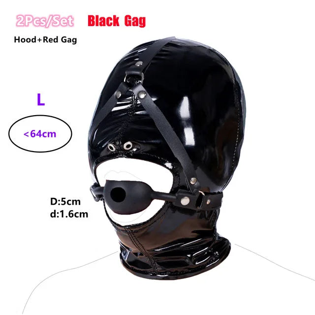 Leather Wetlook BDSM Mask Hood Gimp Open Mouth,Silicone Ball Gag with Hole,Bondage Gear Head Harness,Erotic Sex Toys For Couples