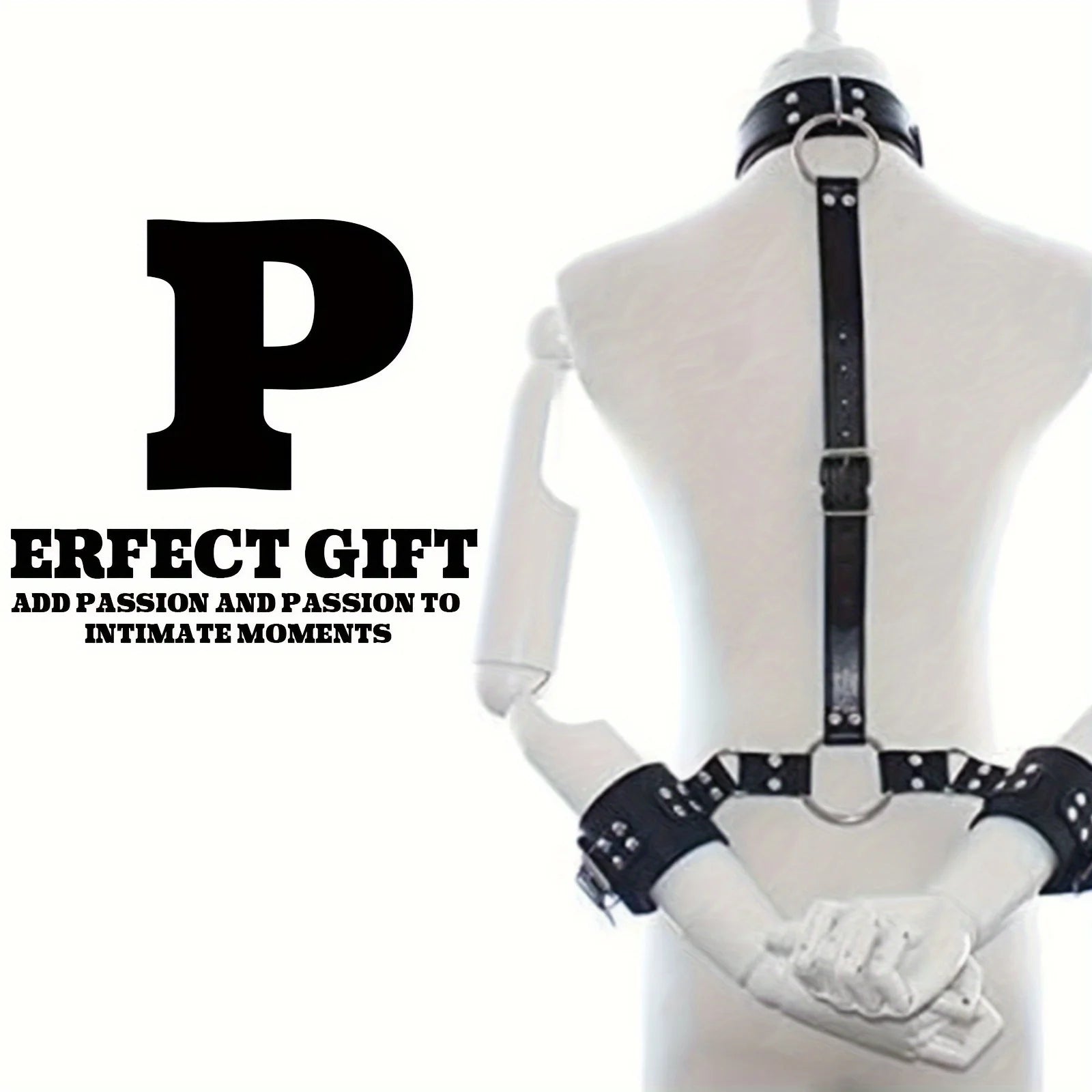 BDSM Bondage Restraints Set Neck to Wrist - Behind Back Handcuffs Collar with Blindfold Adjustable Bondage Gear & Accessories