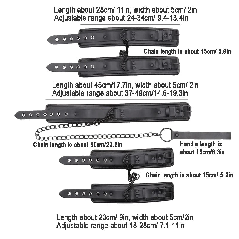 BDSM Bondage Restraint Set Couples Sex Toy 3PCS Neck to Wrist Restraint Kit with Adjustable Handcuff Collar Traction Chain