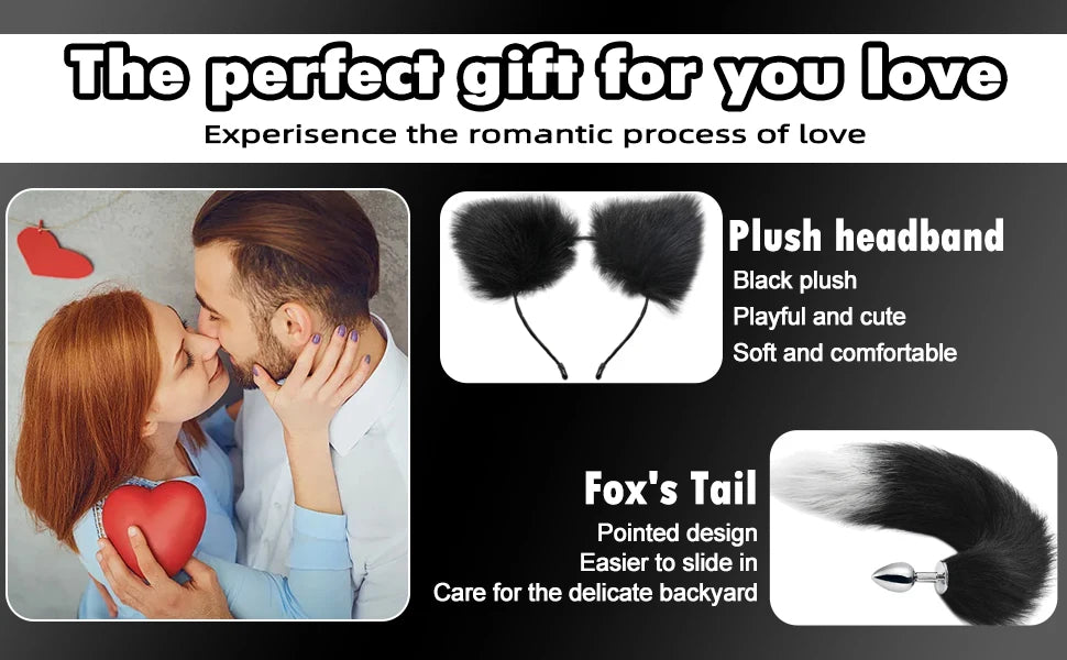 Sex Anal Butt Plug with Faux Fox Tail and Ear-Anal Stopper Tail Adult Sex toys for couples SM Games Cosplay Stainless Steel