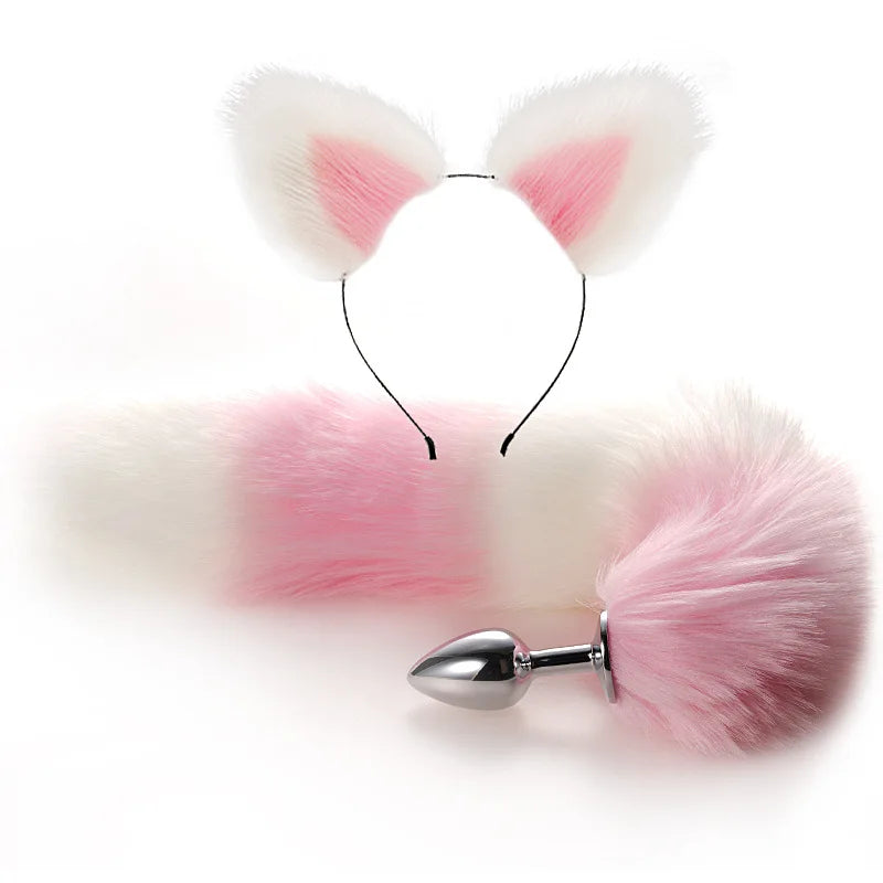 Sex Anal Butt Plug with Faux Fox Tail and Ear-Anal Stopper Tail Adult Sex toys for couples SM Games Cosplay Stainless Steel