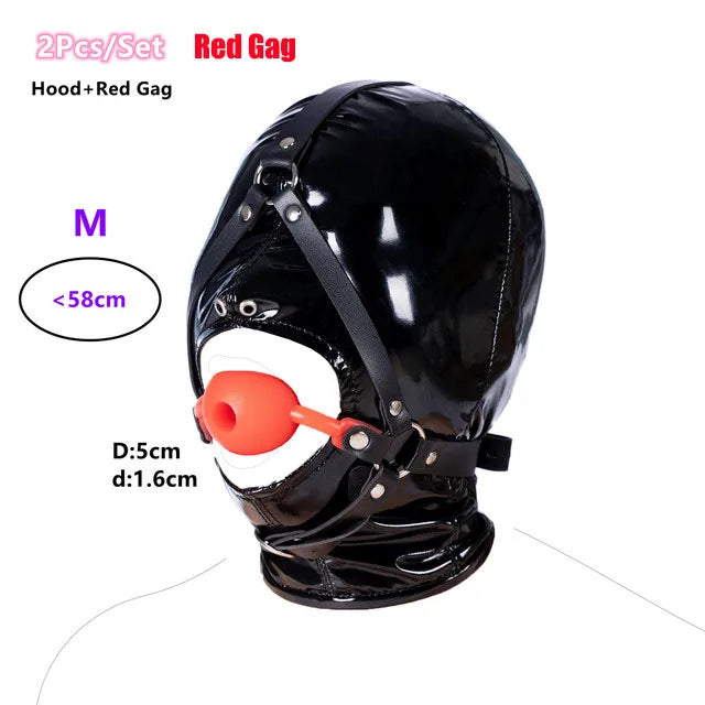 Leather Wetlook BDSM Mask Hood Gimp Open Mouth,Silicone Ball Gag with Hole,Bondage Gear Head Harness,Erotic Sex Toys For Couples