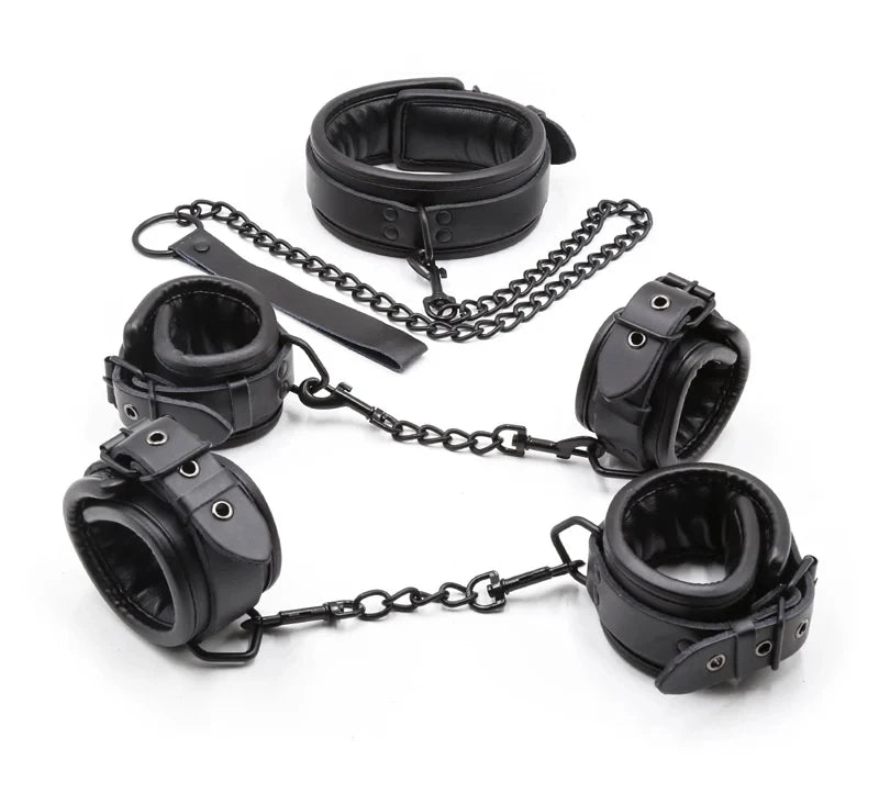 BDSM Bondage Restraint Set Couples Sex Toy 3PCS Neck to Wrist Restraint Kit with Adjustable Handcuff Collar Traction Chain