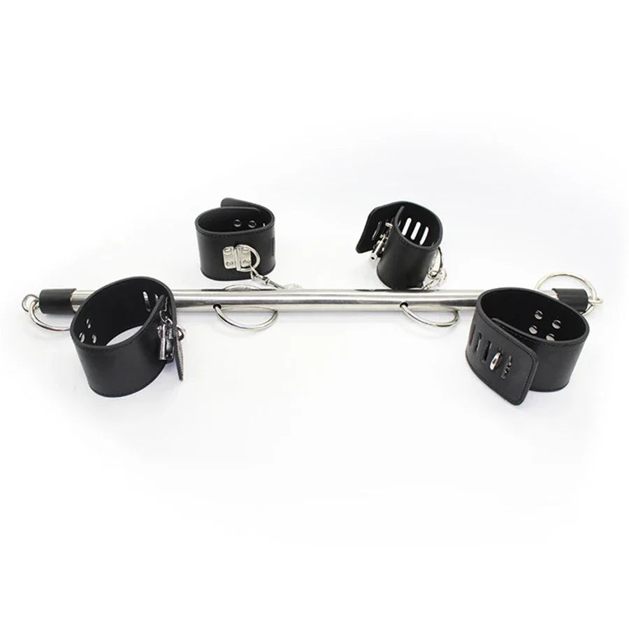 BDSM Bondage Adjustable Handcuffs Ankle with Stainless Steel Open Legs Pu Leather Set Silicone Mouth Gags for Couple Sex Games