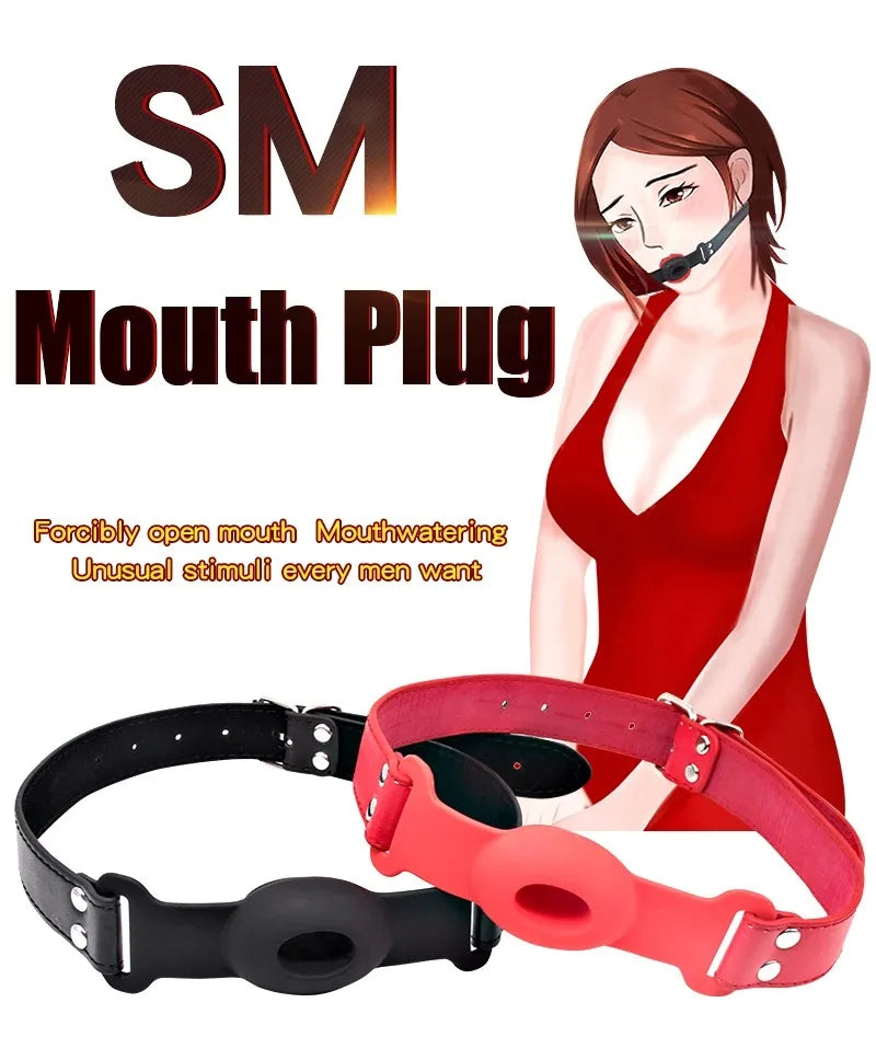 Silicone Ball Gag BDSM Adult Toy, Hollow Design Drooling Gag with Leather Straps, Ring Gag BDSM Bondage Gear for Men Women