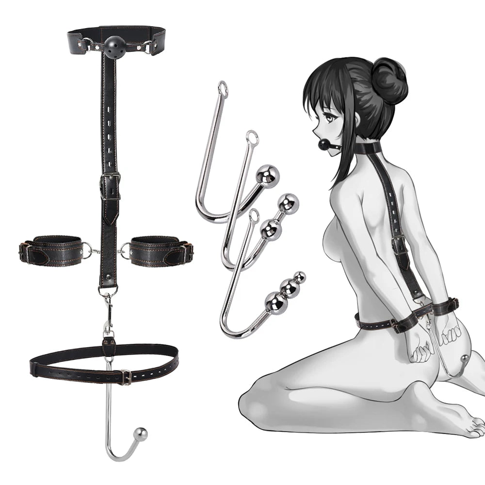 BDSM Sex Toys Adjustable Size Leather Collar Neck Bondage Kit Anal Hook Metal Butt Plug MAdult Games Couple Flirt Sex Toys