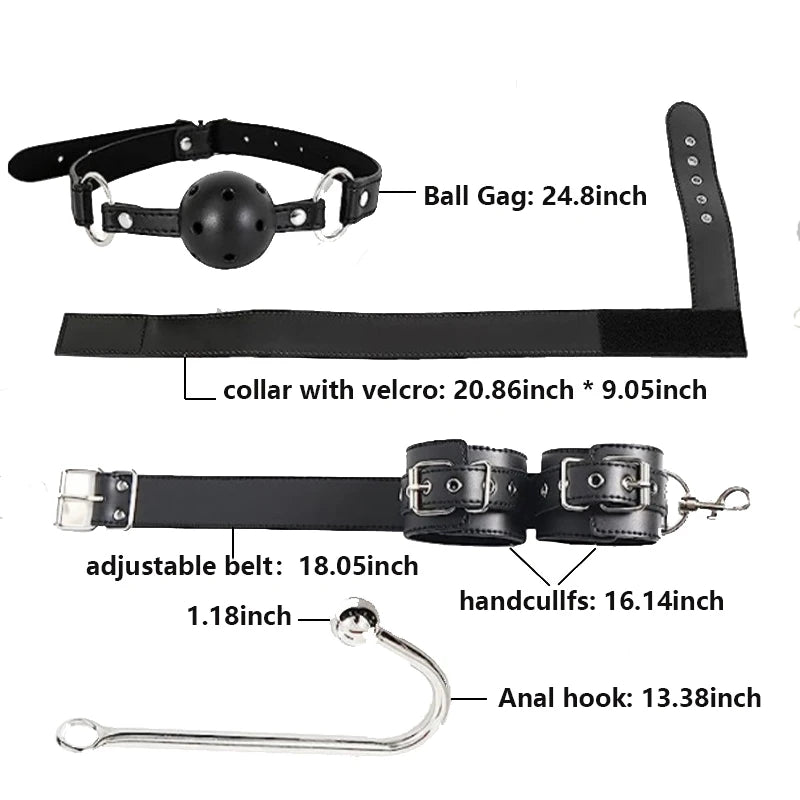 BDSM Metal Anal Hook Mouth Gag PU Leather Collar Neck to Wrist Restraints Kits Bondage Sex Toy Women Adjustable Back Handcuffs