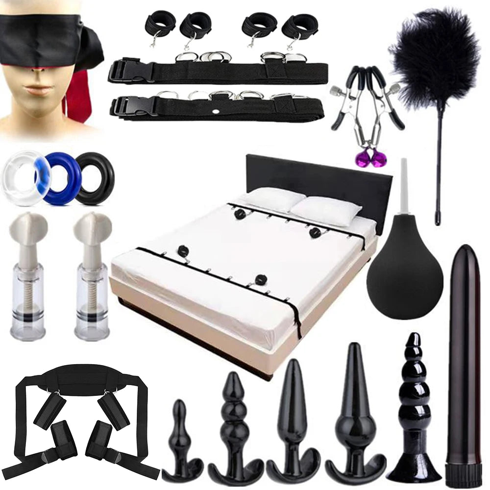 BDSM Set Toy Sex Handcuffs for Couple Adult Kit Bdsm Whip Anal Plug Vibrator Blindfold Strapon Bed Bondage Sexual Handcuffs Sexy