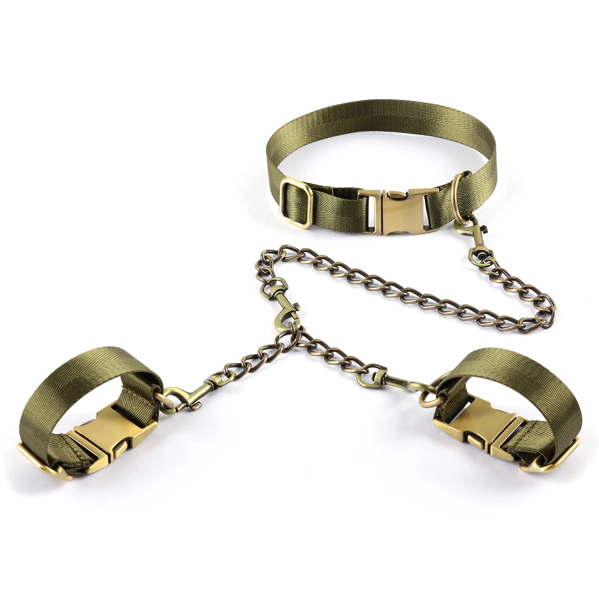 Hard Metal Collar to Wrist Restraints BDSM Harness Bondage Handcuffs Army Green SM Tools For Couples Sex Games Adult Supplies