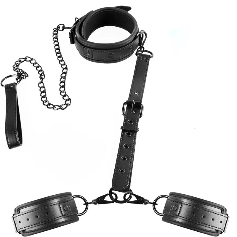 Neck to Wrist BDSM Bondage Sex Restraints Kit Couples Sex Toys Bondage Set With Chain Leash Back Handcuff Collar Slave Role Play
