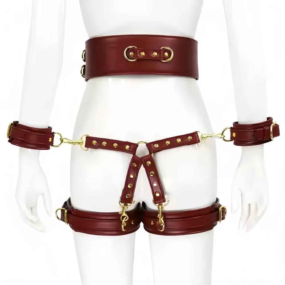 BDSM Bondage Set with Belt Wrist and Thigh Cuffs Cross Buckles Adult Play Bondage Handcuffs and Footcuffs Adjustable SM Games