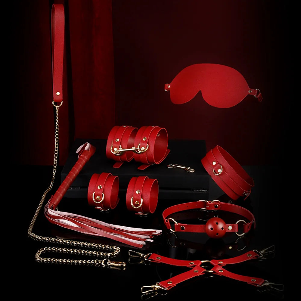 BDSM Bondage Restraints Electric Shock Set Mouth Gag Handcuffs Ankle Cuffs Collar Eyepatch Whip Bondage Ties Kits SexToy