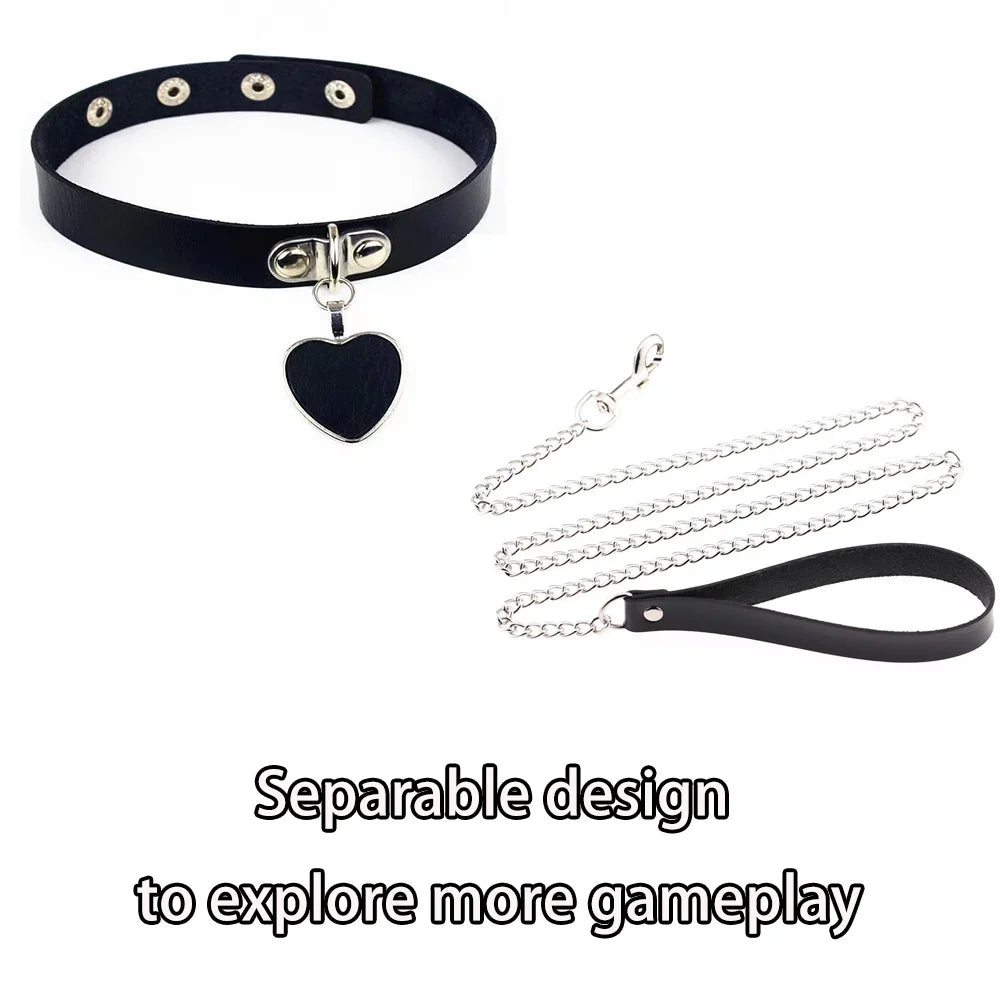 Adjustable BDSM Leather Collar with Chain for Couples, Fetish Play & Role-Playing Sex Toy, Sexy Bondage SM Toy